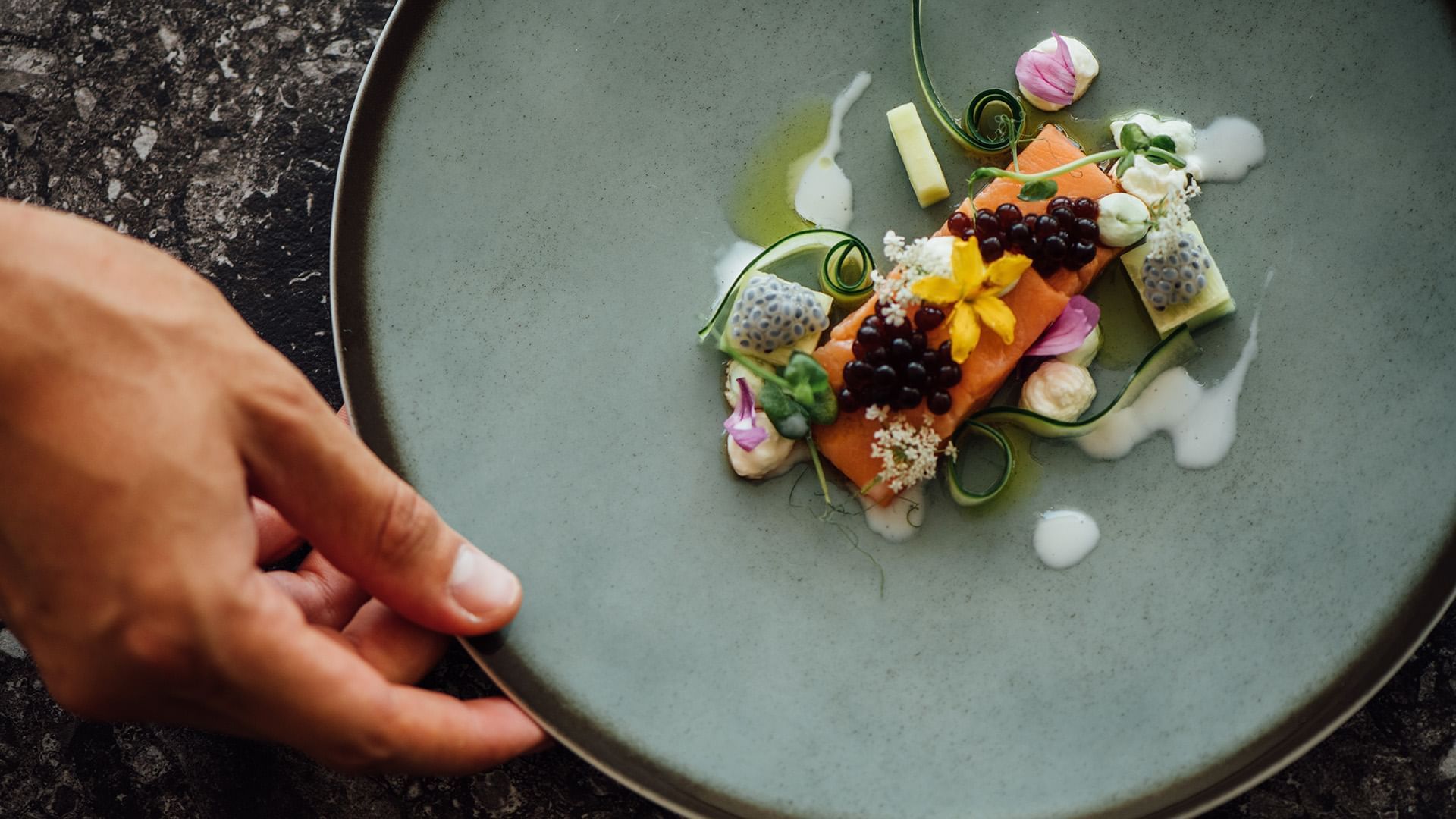 Hand hält Teller mit Lachs, Blumen, Gemüse und Creme auf dunklem Hintergrund.