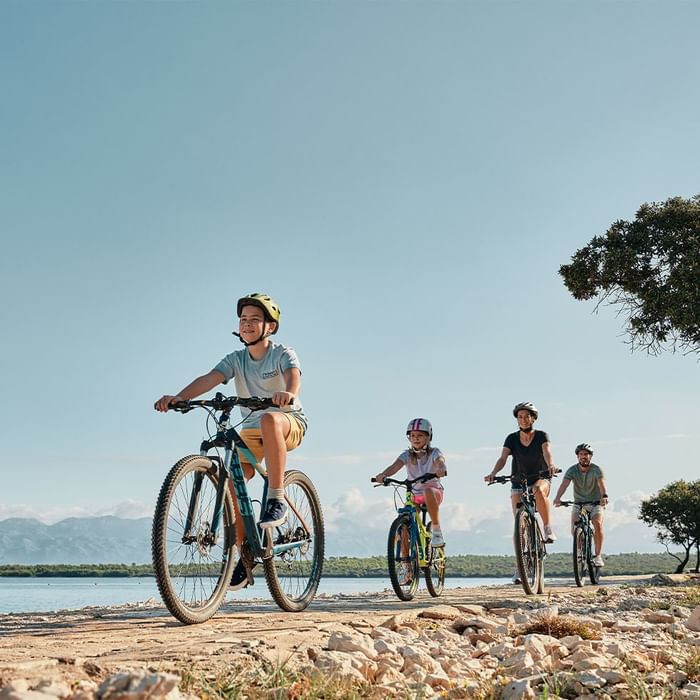 Vier Radfahrer mit Helmen fahren auf einem felsigen Pfad nahe dem Wasser, begleitet von Bäumen und Bergen.