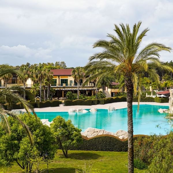 Großer Pool umgeben von Palmen und Gebäuden in einer idyllischen Landschaft mit blauem Himmel.