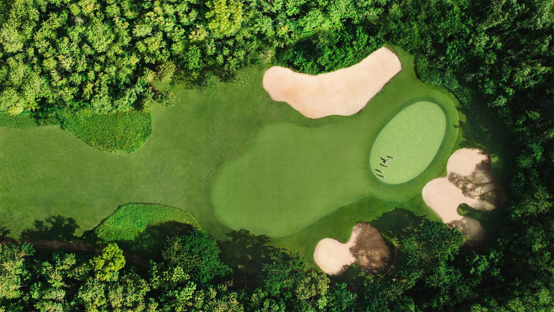 Luftaufnahme eines Golfplatzes mit grünem Rasen, Bunkern und umgebendem Wald.