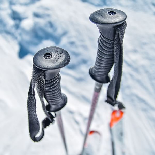 Zwei Skistöcke mit schwarzen Griffen und schwarzen Riemen vor einer schneebedeckten Landschaft.