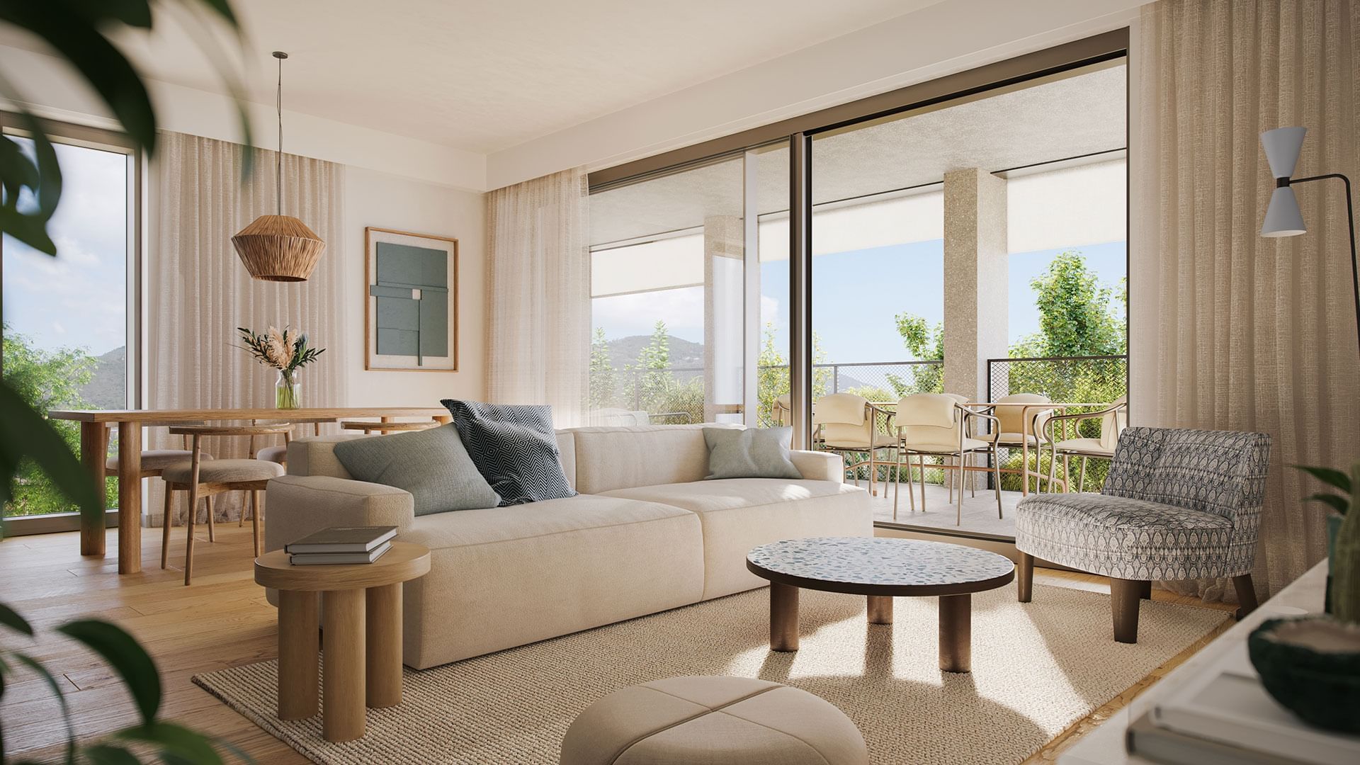 Modernes Wohnzimmer mit Sofa, Couchtisch, Essbereich und Terrassentüren mit Außensitzbereich.