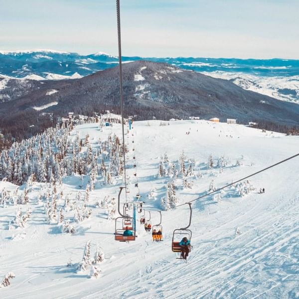 Skifahrer in Sesselliften fahren über schneebedeckte Pisten mit verschneiten Bäumen und Bergen im Hintergrund.