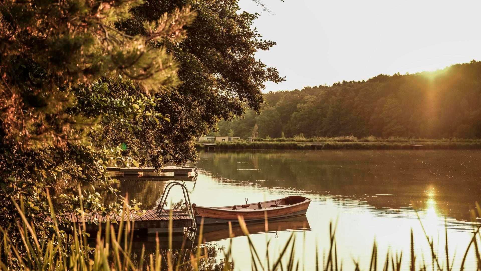 Sonnenuntergang über einem See mit Booten, Bäumen und Stegen, umgeben von einem Wald.