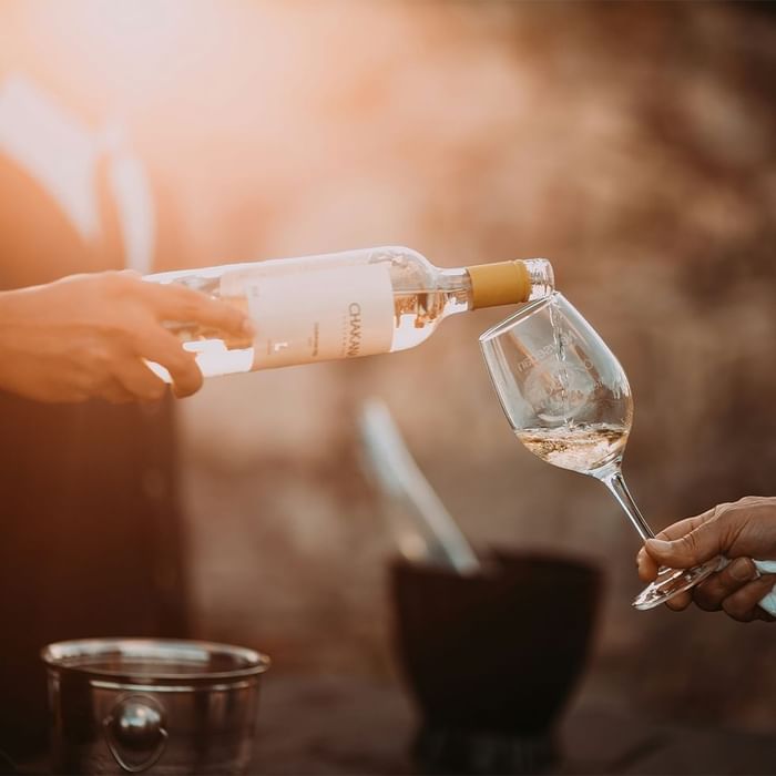 Wein wird aus einer Flasche in ein Weinglas gegossen, während Hände den Vorgang halten.