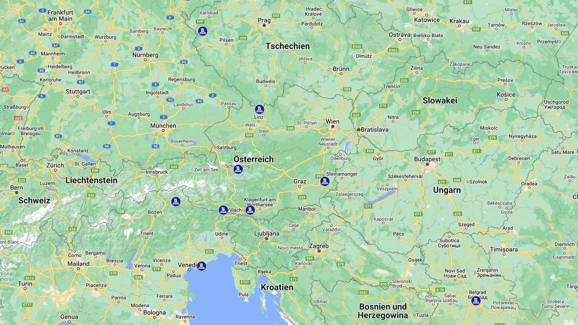 Detaillierte Karte von Deutschland, Österreich, Schweiz, Tschechien, Slowakei, Polen, Ungarn und Balkanstaaten.