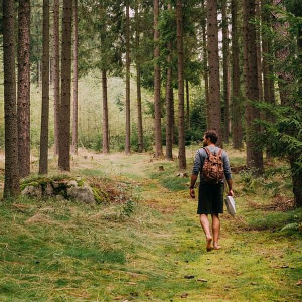 Mann mit Rucksack und Gepäck läuft barfuß auf Waldweg zwischen hohen Bäumen in der Natur.