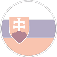 Rundes Emblem mit Herz, Kreuz und horizontalen Streifen in Rosa, Lila und Weiß.