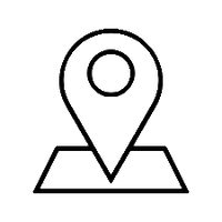 Schwarze, minimalistische Standortmarkierung auf schwarzem Hintergrund mit weißem Umriss.